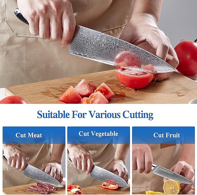 Knife Set 3 Piece, Japanese Damascus Kitchen Knife Set, Professional Sharp Black Cooking Chef Knife, Use Premium Damascus Steel Forge, With Ergonomic ABS Handle