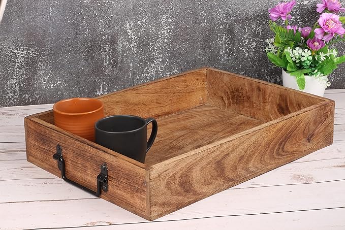 Wooden Decorative Serving Tray with Metal Handles | Wood Trays for Breakfast in Bed, Lunch, Dinner, Appetizers, Patio, Ottoman, Coffee Table, Party (15" X 11" x 2.75")