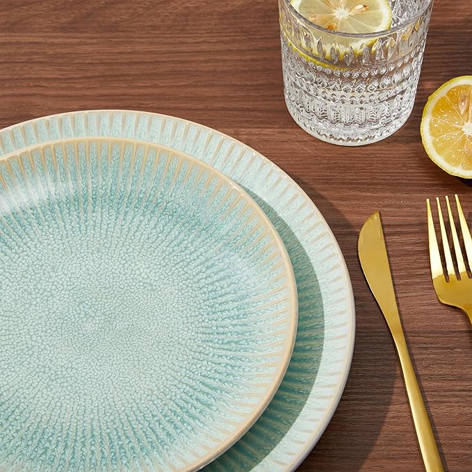 Stoneware Dinnerware Sets, Round Reactive Glaze Ceramic Plates and Bowls Set, Dishwasher & Microwave Safe Dishes Set, Distinctive Granulated Surface Service for 4 (12pc)