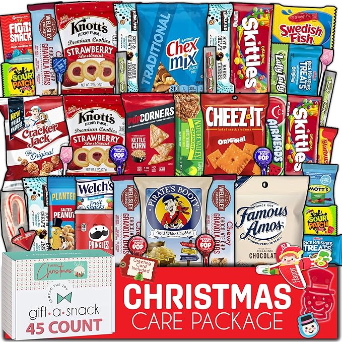 Gift A Snack - Christmas Candy Stocking Stuffers, Pre-filled Holiday Snack Box Care Package + Greeting Card (45 Count) Sweet Treats Gift Basket, Candies Chips Food Assortments & Variety Gifts