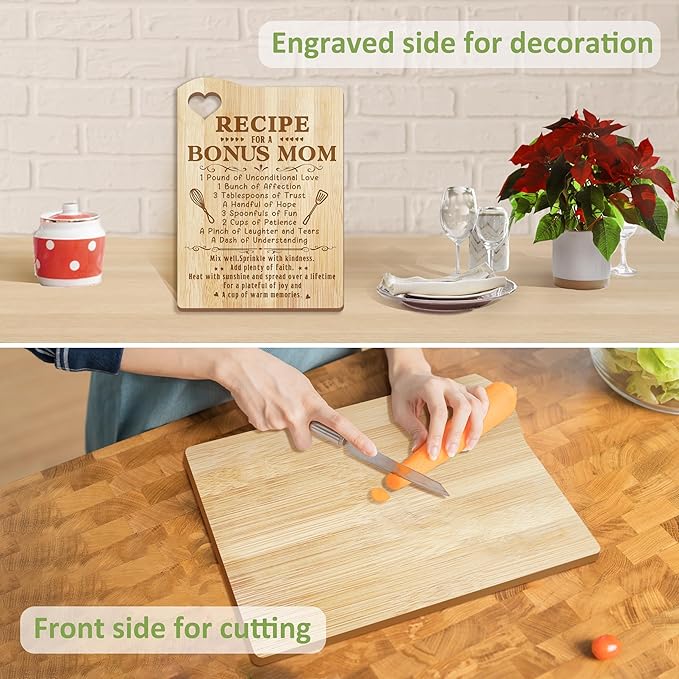 Christmas Bonus Mom Gifts, Bonus Mom Gifts from Bonus Daughter, Bonusmom Wooden Cutting Board Utensils Set with Apron, Great Birthday Xmas Mother's Day Present