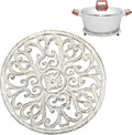 Sumnacon Cast Iron Trivet Retro White 6.7 Inch Iron Trivets with Rubber Feets for Hot Dish Pot Pan Plate Teapot,Heat Resistant Cast Iron Trivet for Kitchen Dining Table Cooktop Stove
