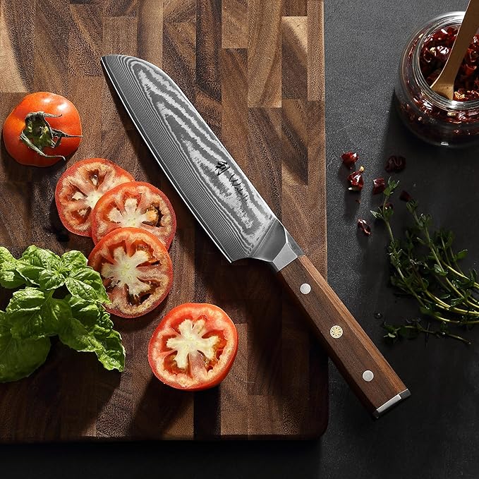 Wakoli HIK Damascus Santoku Knife – Full Tang Multipurpose Kitchen Knife | 7-Inch Blade Made of 67-Layer Damascus Steel with VG10 Core | Walnut Wood Handle | Sharp, Durable, Gift Box Included