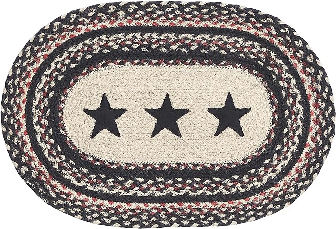 VHC Brands Primitive Colonial Star Table Placemat, Tan Black Red, Jute Blend, Oval, 12x18 Inches