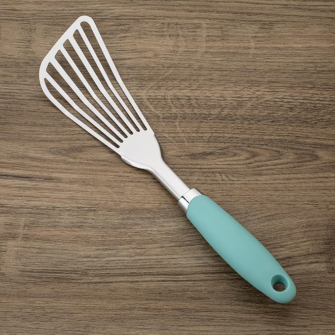 304 Stainless Steel Fish Spatula, Non-Slip Ergonomic Handle Slotted Spatula, Aqua Sky