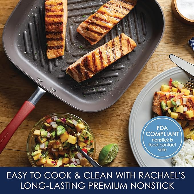 Rachael Ray Cucina Hard-Anodized Nonstick 11-Inch Deep Square Grill Pan, Gray with Cranberry Red Handle - 87632