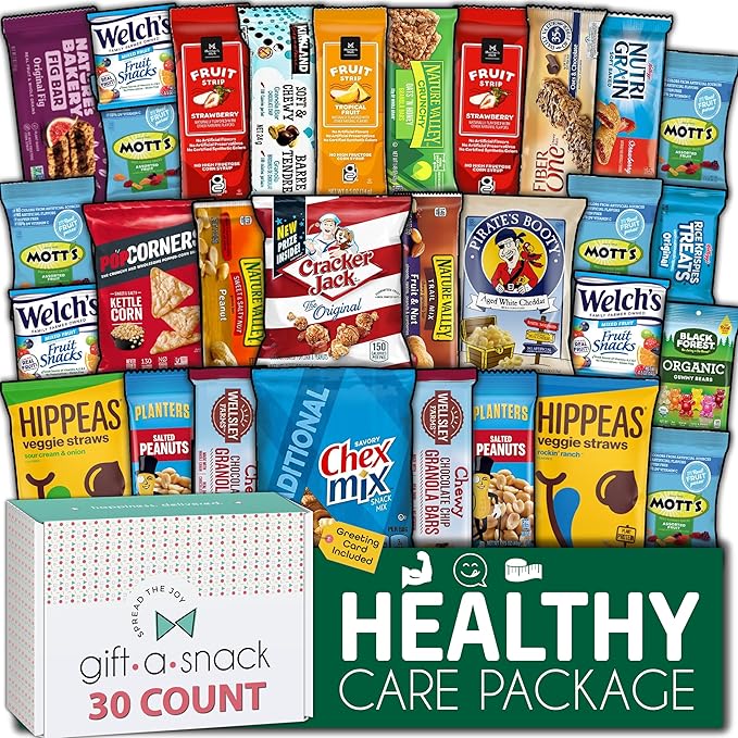 Gift A Snack - Holiday Christmas Stocking Stuffers, Healthy Snack Box Care Package + Greeting Card (30 Count) Xmas Birthday Treats Gift Basket, Nutritious Granola Breakfast Bars