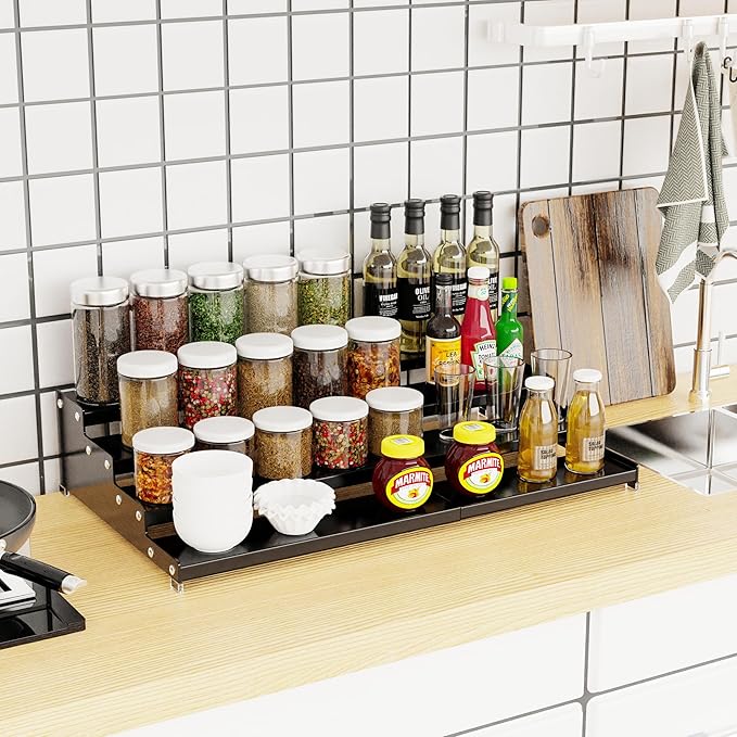 Expandable 4-Tier Step Spice Rack Organizer for Kitchen Cabinet Modern Design and Non Skid Space Saving Storage Shelf for Countertop Cabinets Pantry(1Pack/Black)