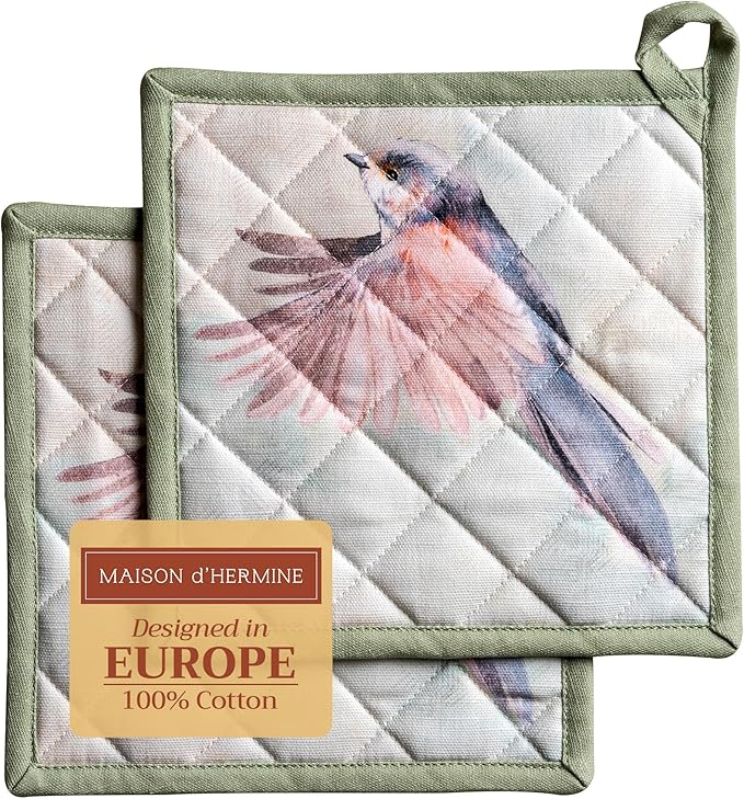 Maison d' Hermine Pot Holders Set 100% Cotton Heat Resistant Potholders 8" x 8" Hot Pads with Loop BBQ, Cooking, Baking, Grilling, Kitchen, Handling Hot Pans Spring/Summer (Pack of 2, Flying Birds)