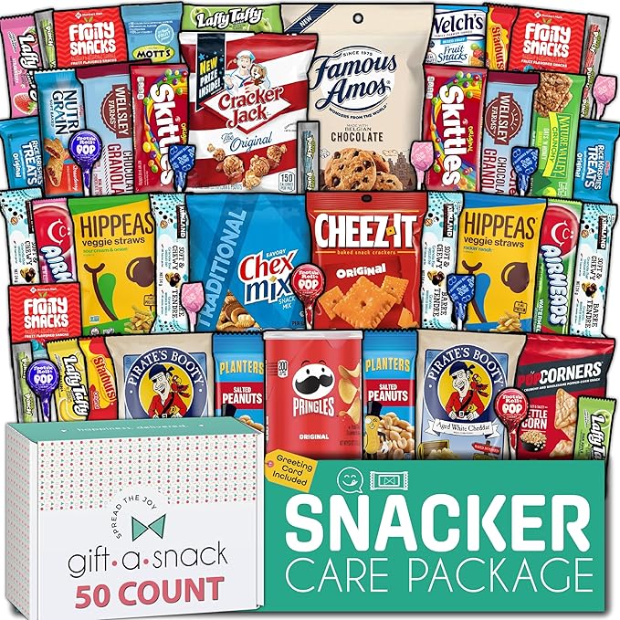 Gift A Snack - Holiday Christmas Stocking Stuffers, Snack Box Variety Pack Care Package + Greeting Card (50 Count) Xmas Birthday Sweet Treats Gift Basket, Candies Chips Crackers Bars