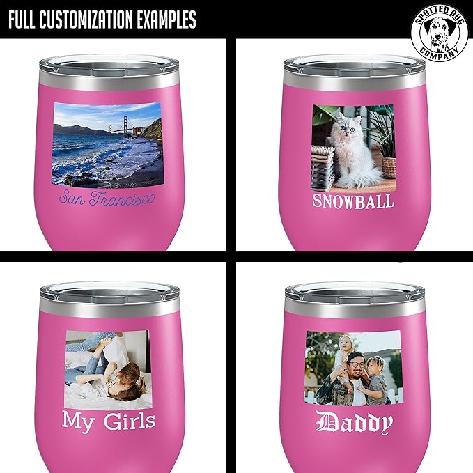 Personalized Mothers Day 12oz Photo Printed Insulated Stainless Steel Powder Coated Stemless Wine Tumbler with Lid, Customized Mum Gift Idea for Women Her, Custom Mom Coach Gifts Team (Pink)