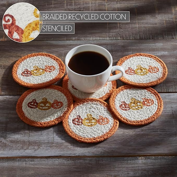 VHC Brands Country Halloween Stencil Braided Cotton Coaster Set of 6, Decorative Fall Coasters, Table Decor for Fall Thanksgiving and Halloween