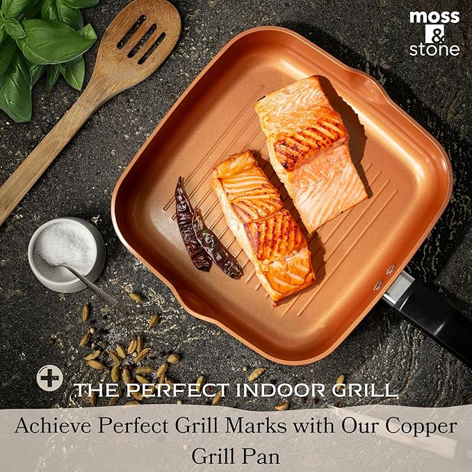 Moss & Stone Square Grill Pan For Indoor Cooking, 9.5In Frying Pan Copper Non-Stick Saute Fry Pan, Induction Copper Pan for Meats & Vegetables, Aluminum Griddle Nonstick Stove Top Grill Pan