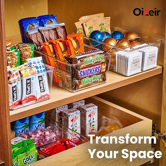 Oizeir Clear Pantry Organizer Bins (4PK) - Fridge Organizer with 3 Removable Dividers - Kitchen Pantry Organizers & Storage - Storage Cabinet Snack