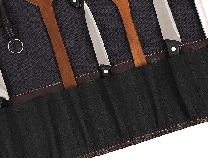Leather Knife Roll Storage Bag, Elastic and Expandable 10 Pockets, Adjustable/Detachable Shoulder Strap, Travel-Friendly Chef Knife Case (Canvas, Cloud)