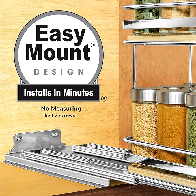LYNK PROFESSIONAL® Élite™ Pull Out Spice Rack Organizer for Inside Kitchen Cabinets - 6-3/8 inch Wide - Slide Out Drawer – Wood/Chrome Sliding Spice Cabinet Organization Shelf Racks - 2 Tier