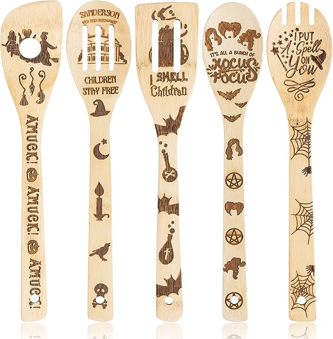 Eartim Hocus Pocus Wooden Cooking Utensil Set - 5Pcs Halloween Kitchen Cooking Gadget Natural Carve Bamboo Spoon Slotted Spatula Non-Stick Cookware Utensil Birthday Housewarming Gift Halloween Supply