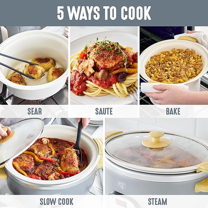 GreenLife 6QT Slow Cooker, Non-Toxic PFAS-Free Ceramic Nonstick Removable Interior Bowl, Programmable, Family Friendly, Keep Warm, Stovetop & Oven Safe, Dishwasher Safe Crock, Timer, Glass Lid, Gray