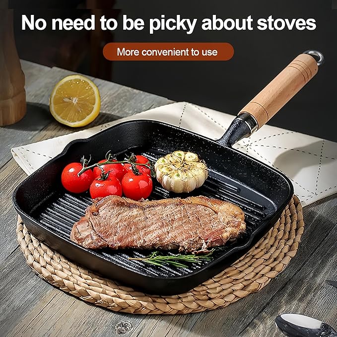 Grill Pan, 8.6 inch Cast Iron Grill Pans for Stove Tops Indoor Outdoor Cooking, Griddle Pan with Pour Spouts, Skillet for Searing Steak, PFOA Free - Naturally Nonstick Surface When Seasoned
