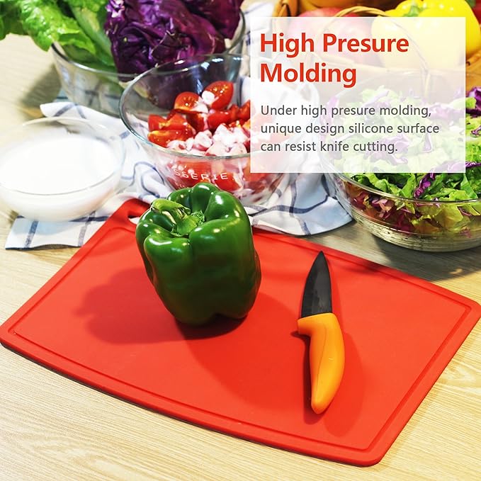 Liflicon Thick Cutting Boards for Kitchen Silicone Chopping Board Set of 2 Mid 12.6'' x 9.1”,Mini 9.1”x7.1” Non-slip Deep Drip Juice Groove Easy Grip Handle,Dishwasher Safe-Red
