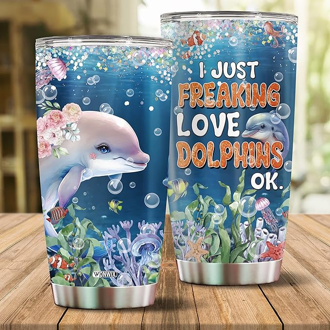 Dolphin Tumbler 20oz Cute Animal Gift for Women, Girls Who Freaking Love Dolphins Lovers Perfect Birthday Christmas Valentine Wife Daughter Mother Insulated Stainless Steel Coffee Cup with Lid