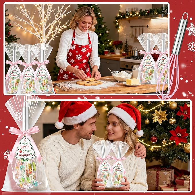12 Sets 10 Inch Christmas Whisk Baking Gifts, DIY Fillable Christmas Tree Ornaments, Xmas Colored Silicone Whisks for Xmas Employee Neighbor Cooking Supplies Xmas Stocking Stuffers Candy Holder
