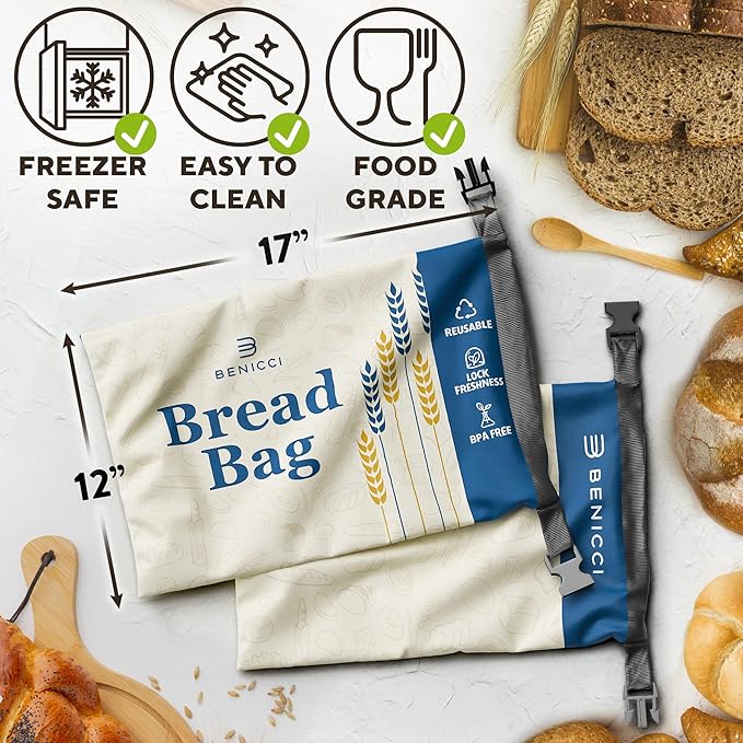 2 Pack Reusable Bread Bags - Perfect To Store Homemade Sourdough Loaf Breads - Special Double-Lock for Longer Freshness - Extra Large Food-Grade Bags - Freezer-Safe Bags for Bread Lovers