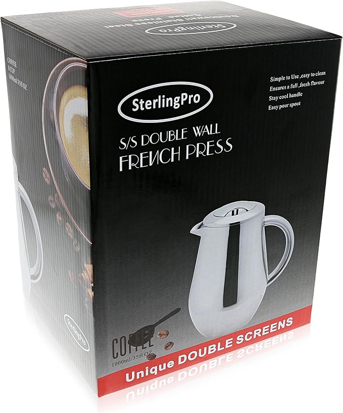 French Press Coffee Maker (1L) - Double Walled 18/10 Large Coffee Press with 2 Free Filters - Enjoy Granule-Free Coffee Guaranteed, Stylish Rust Free Kitchen Accessory - Stainless Steel French Press