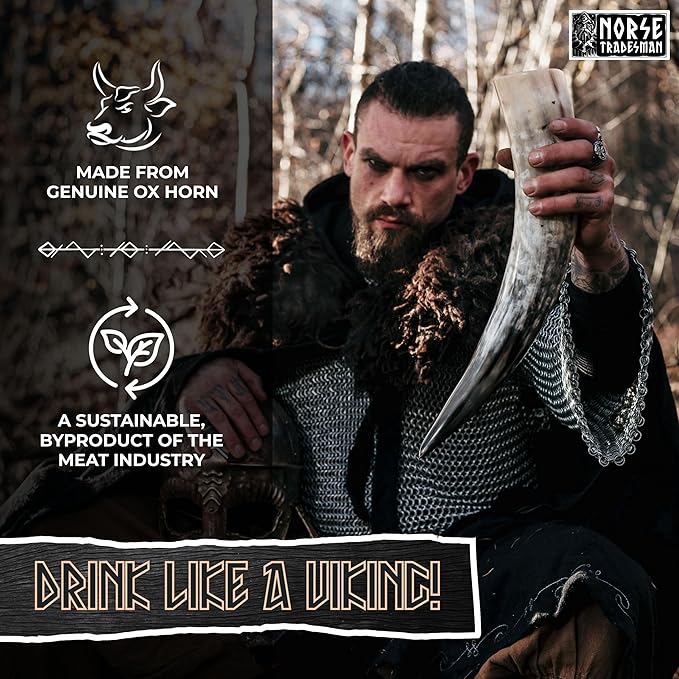 Norse Tradesman Genuine 12" Ox-Horn Viking Drinking Horn with Fitted Stand & Burlap Gift Sack - The Original, 12-Inches, Low Polish