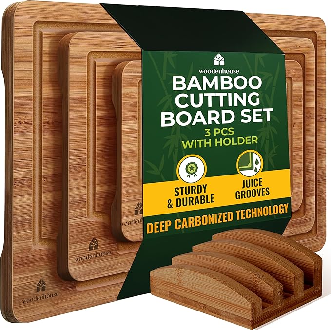 Bamboo Cutting Board Set of 3 with Holder – Durable Wooden Boards for Kitchen, Chopping & Serving – Eco-Friendly by Woodenhouse