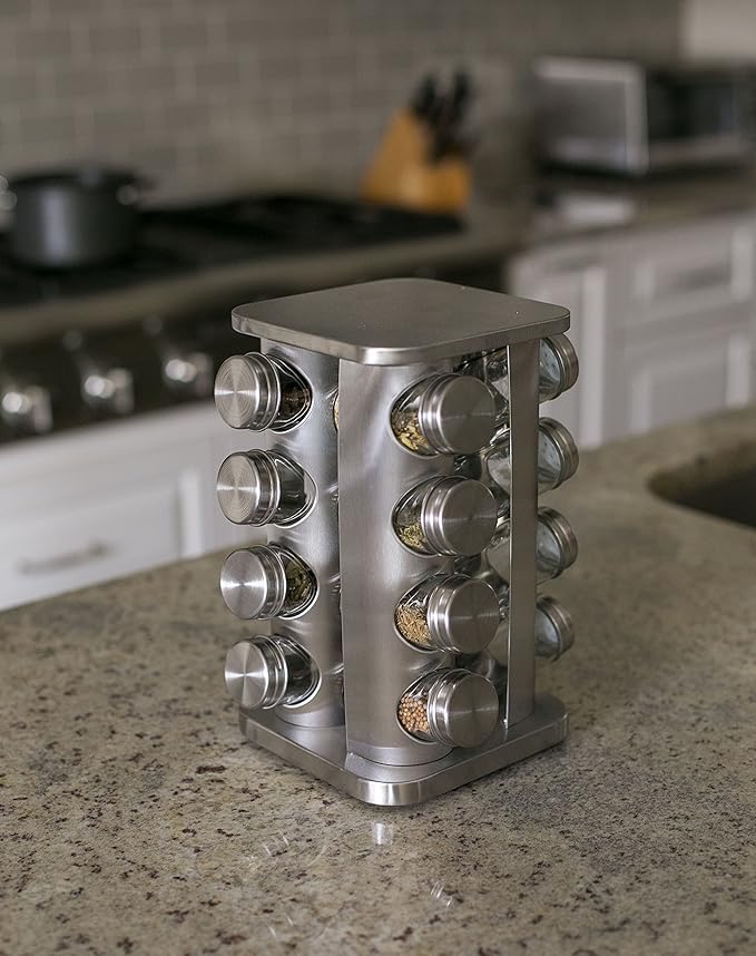 INTERNET'S BEST Revolving Spice Rack - Seasoning Storage with 16 Jars - Modern Stainless Steel Spinning Tower for Kitchen Countertop - Rotating Spice and Pantry Holder with Pre-Printed Labels - Sqaure