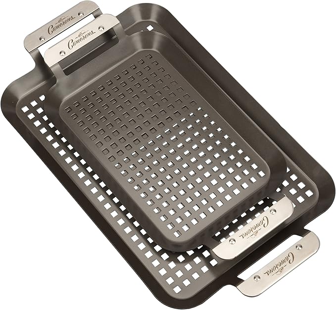 BBQ Grill Topper Grilling Pans (2 Pack)- Non-Stick Barbecue Trays w Stainless Steel Handles- Indoor Outdoor use for Meat, Vegetables & Seafood- Great for Thanksgiving Turkey Dinner & Holiday Xmas Gift
