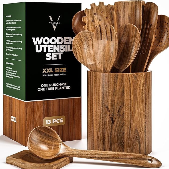 Vasilek Wooden Utensil Set XXl – 13 Piece Acacia Wood Cooking Tools with Round Holder for Nonstick Cookware with Holder & Spoon Rest – Wooden Spoons for Cooking, Spatula, Spurtle