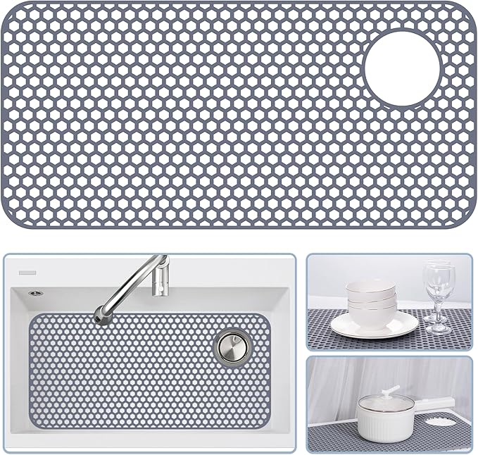 Silicone Sink Protectors for Kitchen Sink - 28.4"x 14.3" Kitchen Protector Accessory, Non-Slip Heat Resistant Mat for Bottom of Farmhouse Porcelain Stainless Steel (Top Right Drain Hole,Gray)