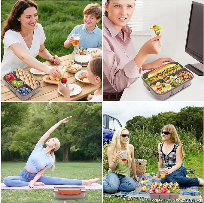 Bento box adult work lunch box, adult container, with 4 compartments, lunch container with cutlery (knife, fork, spoon, sauce box), animal fruit fork, microwave and dishwasher safe, Bee gray