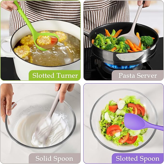 LIANYU 8Pcs Kitchen Cooking Utensils Set, Silicone Utensils Spatula Set, Heat Resistant Cooking Gadgets for Nonstick Cookware, Include Silicone Spoon, Turner, Spatula, Ladle, Multi-Color