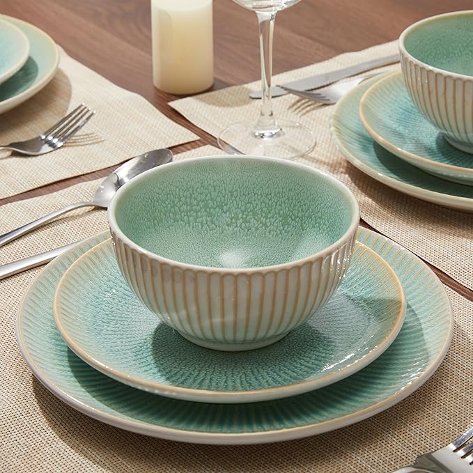 Stoneware Dinnerware Sets, Round Reactive Glaze Ceramic Plates and Bowls Set, Dishwasher & Microwave Safe Dishes Set, Distinctive Granulated Surface Service for 4 (12pc)
