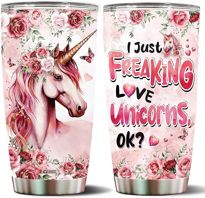 Unicorn Tumbler 20oz Cute Animal Gift for Women, Girls Who Freaking Love Unicorns Lovers Flower Perfect Birthday Christmas Valentine Wife Daughter Insulated Stainless Steel Coffee Cup with Lid