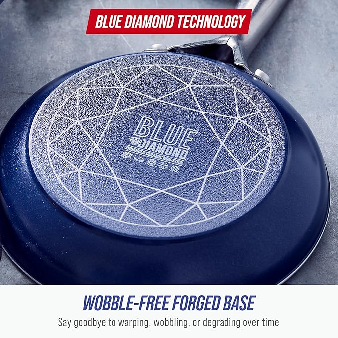 Blue Diamond 8 Inch Nonstick Frying Pan, PFAS Free Ceramic Egg and Omelette Pan, Diamond Infused Nonstick Skillet, Dishwasher & Oven Safe, Durable, Non Toxic, Metal Utensil Safe, Blue