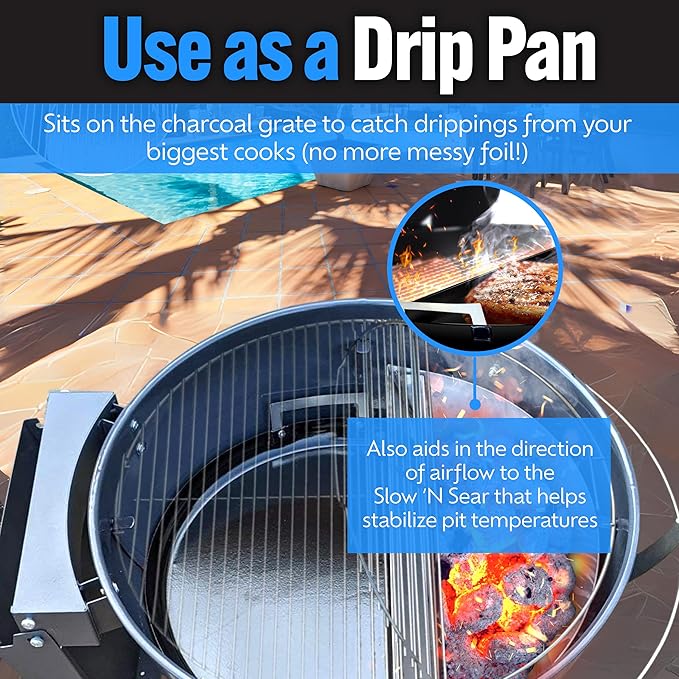SnS Grills Drip 'N Roast Pan 22", All-in-One Drip Pan, Roasting & Baking Pan for Outdoor Grilling & Indoor Oven Use, Carbon Steel with Black Porcelain Coating - Fits 22” Weber & Other Kettle Grills
