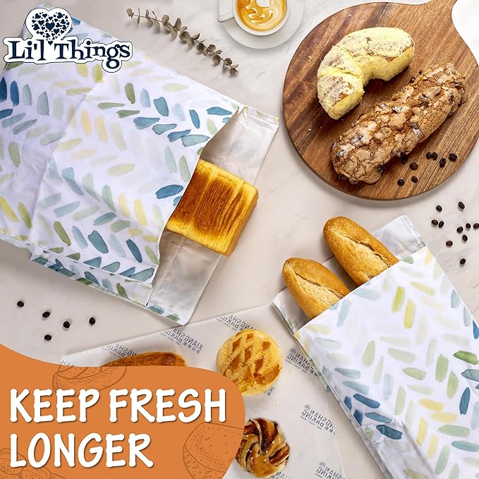 Li’l Things Beeswax Bread Bags 2.0 (Set of 2) – 13"×13" Boule Bag & 15"×9" Baguette/Oblong Bag – Cotton with Organic Beeswax Lining, Reusable Bread Storage, Plastic-Free, Washable - Paintbrush