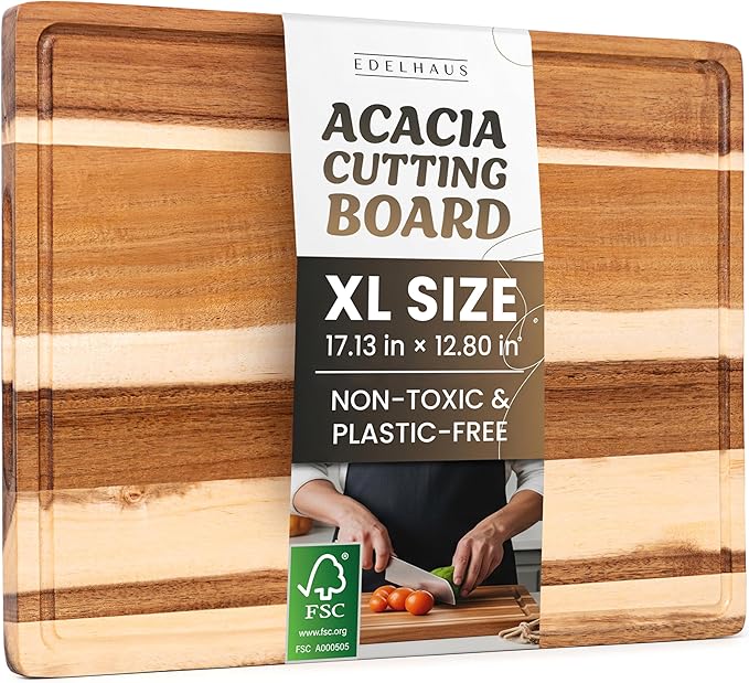 Acacia XL Wood Cutting Board for Kitchen, Large Cutting Board 17.1 × 12.8 - Chopping Board with Juice Groove, Knife-Friendly & Durable Wooden Cutting Board