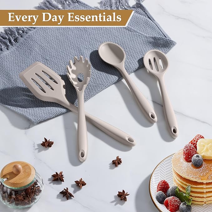 LIANYU 4Pcs Kitchen Utensils Set, Food-Grade Silicone Cooking Utensils, Farmhouse Kitchen Tools for Nonstick Cookware, Include Spoon, Turner, Pasta Server, Heat Resistant, Dishwasher Safe, Khaki