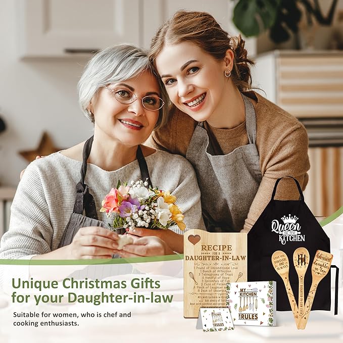 Daughter in Law Gifts, Christmas Daughter in Law Gift Idea from Mother in Law Wooden Cutting Board with Cooking Utensils Set and Apron Present
