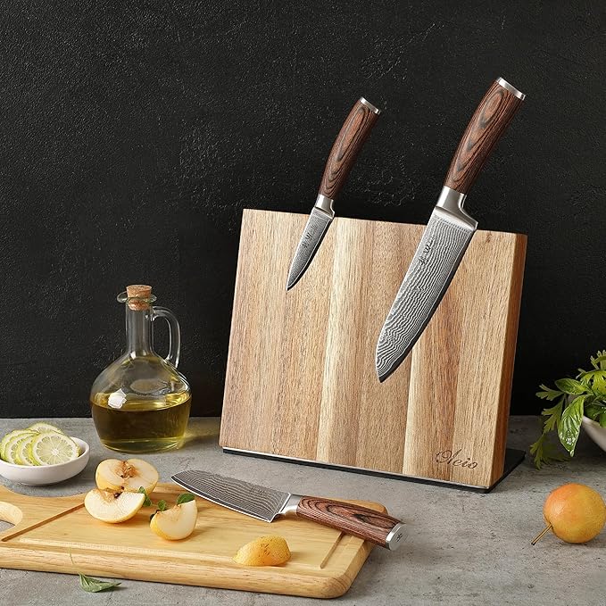 Wakoli EDIB 3-Piece Damascus Knife Block Set with Magnetic Knife Block – Chef Knives Set with 3.4" - 6.7" Blades, 67-Layer Damascus Steel (VG10 Core), Kitchen Knives with Pakkawood Handles