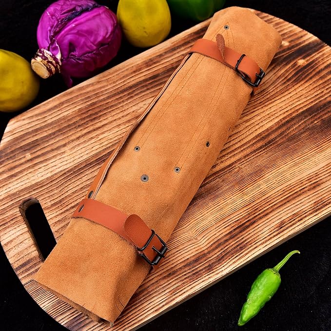 HM-(Brown) Custom Made Damascus Steel #6 Pcs of Professional Utility Kitchen knives Set Comes with Sweet Leather Roll Kit (3712)