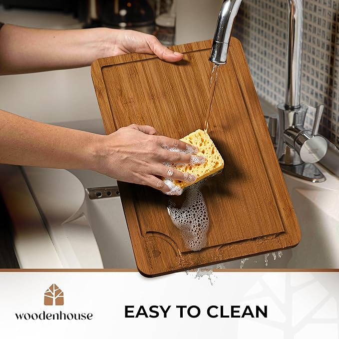 Wood Cutting Boards Set of 3 – Thick & Sturdy Bamboo Cutting Board with Deep Juice Grooves & Build-in Handles, Large Surface, Easy to Clean – for Meat, Vegetables and Fruits