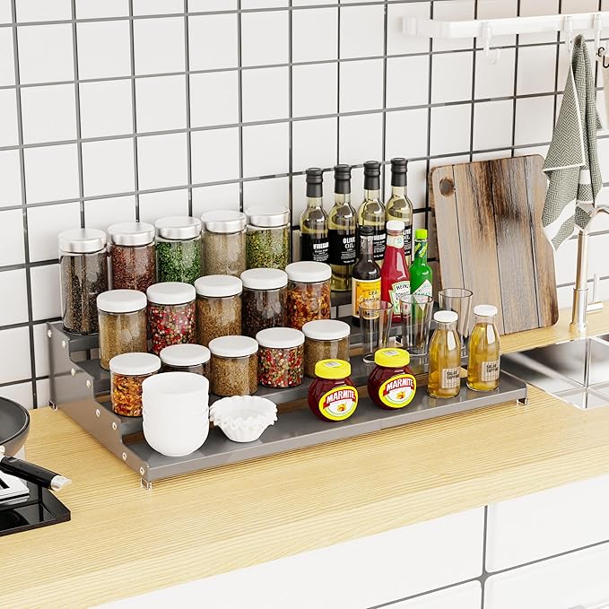 Expandable 4-Tier Step Spice Rack Organizer for Kitchen Cabinet Modern Design and Non Skid Space Saving Storage Shelf for Countertop Cabinets Pantry(2Packs/Gun-Grey)