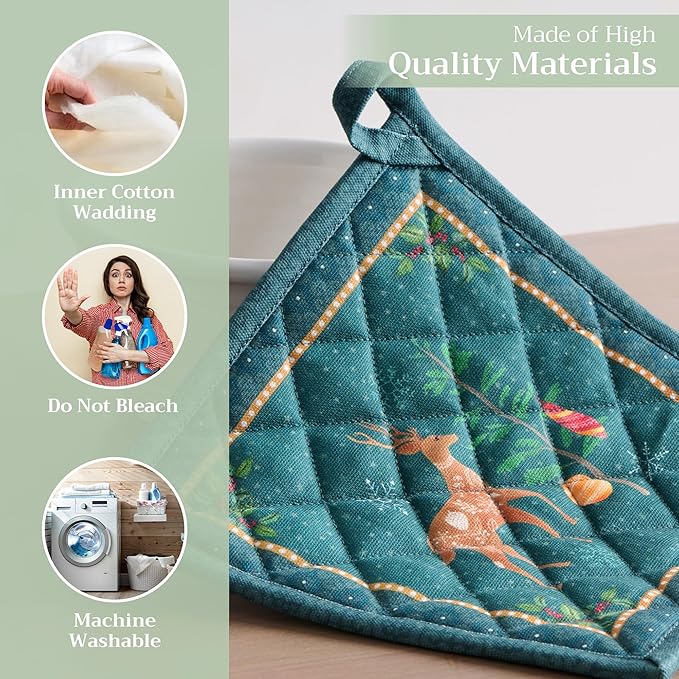 Maison d' Hermine Pot Holders Set 100% Cotton Heat Resistant Potholders 8" x 8" Hot Pads with Loop for Thanksgiving Christmas Decorations BBQ Baking Handling Hot Pans (Pack of 2, Hygge Christmas)