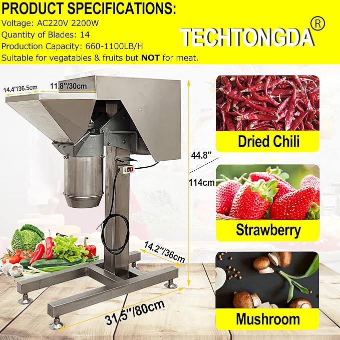 TECHTONGDA Fruit Vegetables Grinder Crusher Tomato Paste Making Machine Commercial Food Processor Chili Ginger Garlic Chopper 220V with Inlet Dia 8.27 Inch for Crushing Grinding Fruits & Vegetables